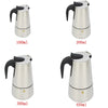 A set of stainless steel multi-cup moka pot coffee makers in various sizes: 100ml, 200ml, 300ml, and 450ml.