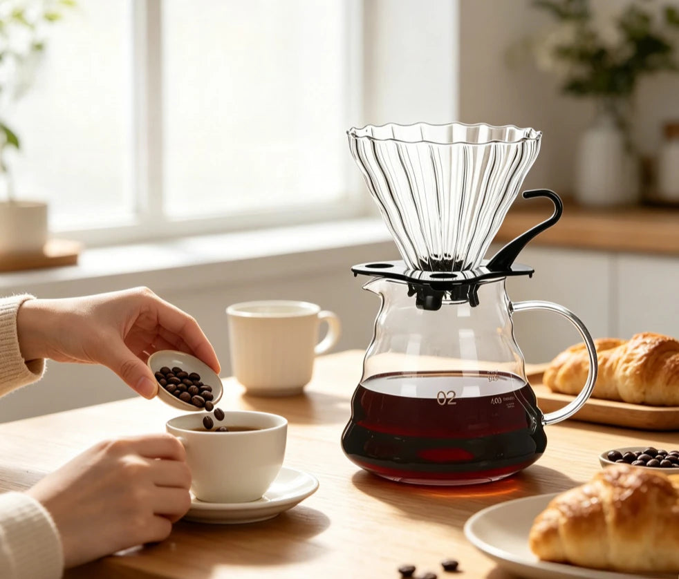 Hands prepare coffee using a manual pour over dripper and cups on a wooden table.