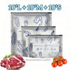 Three clear reusable aluminum foil storage bags labeled 10L, 10M, and 10S with various fish and food designs.