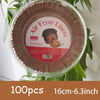 A circular package of 100 disposable non-stick baking mats for air fryers with product information visible.