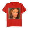 A red t-shirt featuring a close-up image of a disgustingly made-up face meme character.