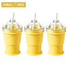 Three yellow reusable silicone ice ball cups with straws