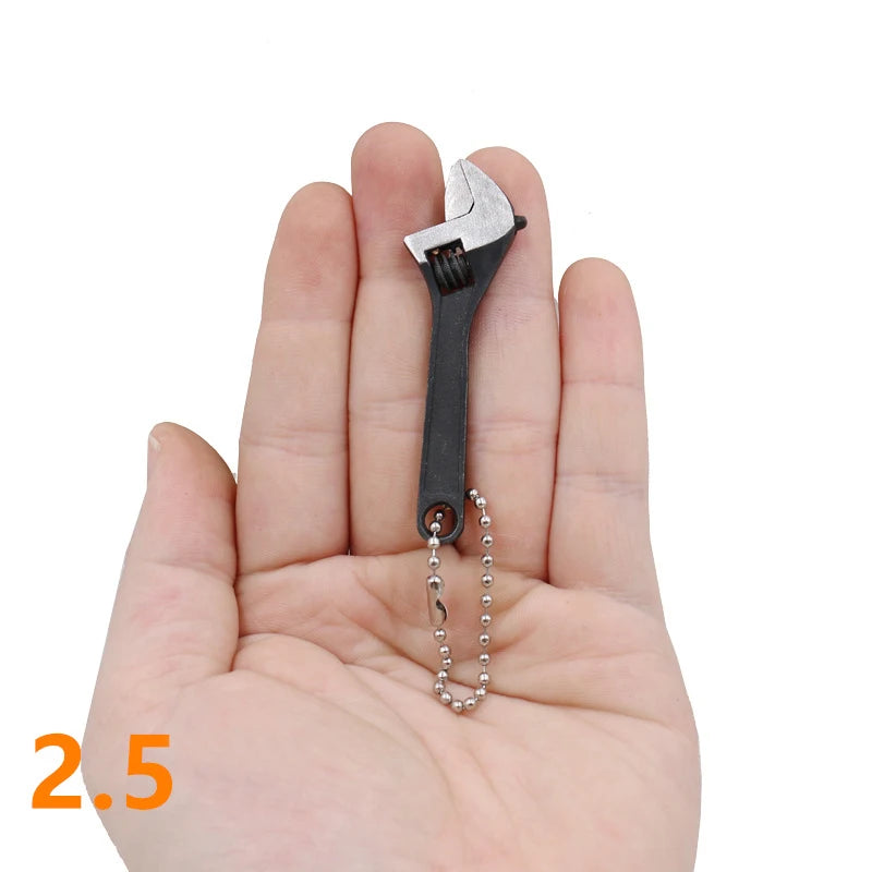 A hand holds a small, silver-colored adjustable spanner wrench with a chain attached.