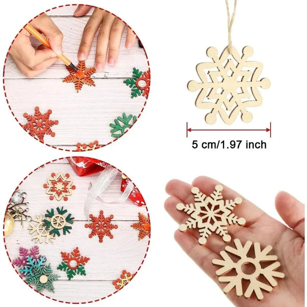 Adornos de copo de nieve de madera hechos a mano en varios colores y tamaños con cordones colgantes