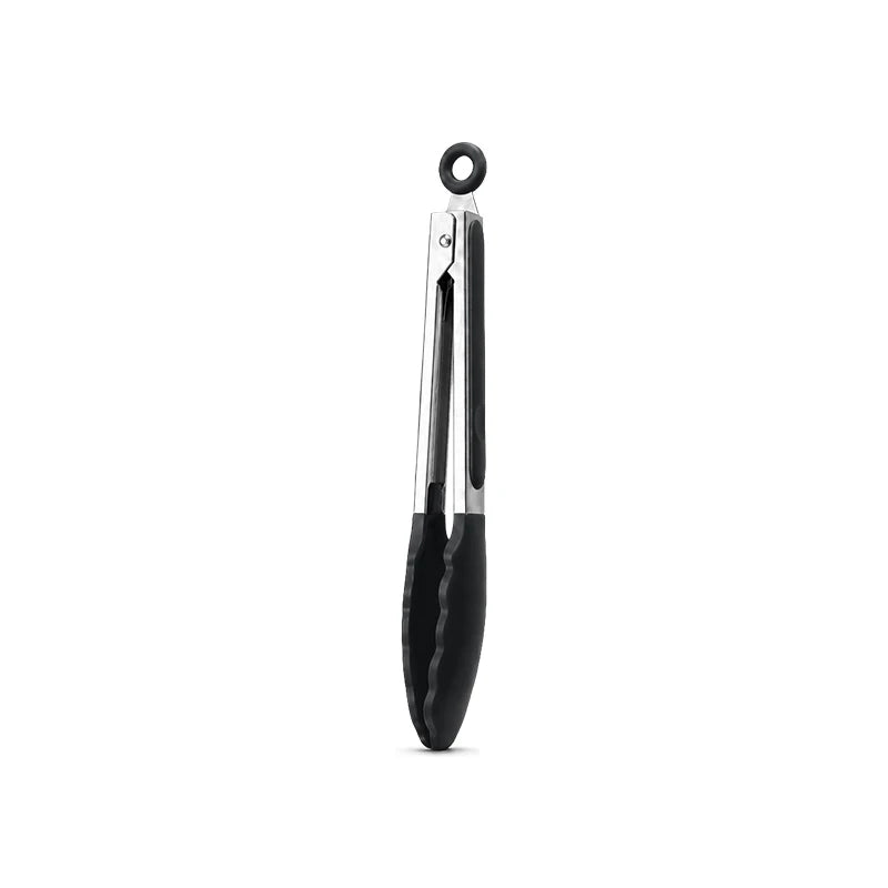 A set of three food-grade silicone kitchen tongs with stainless steel tips for grilling.