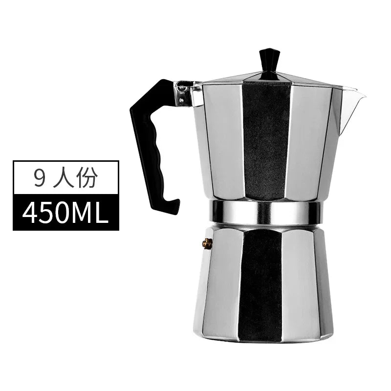 Silver Italian aluminum moka pot coffee maker with a black handle and stainless steel body.