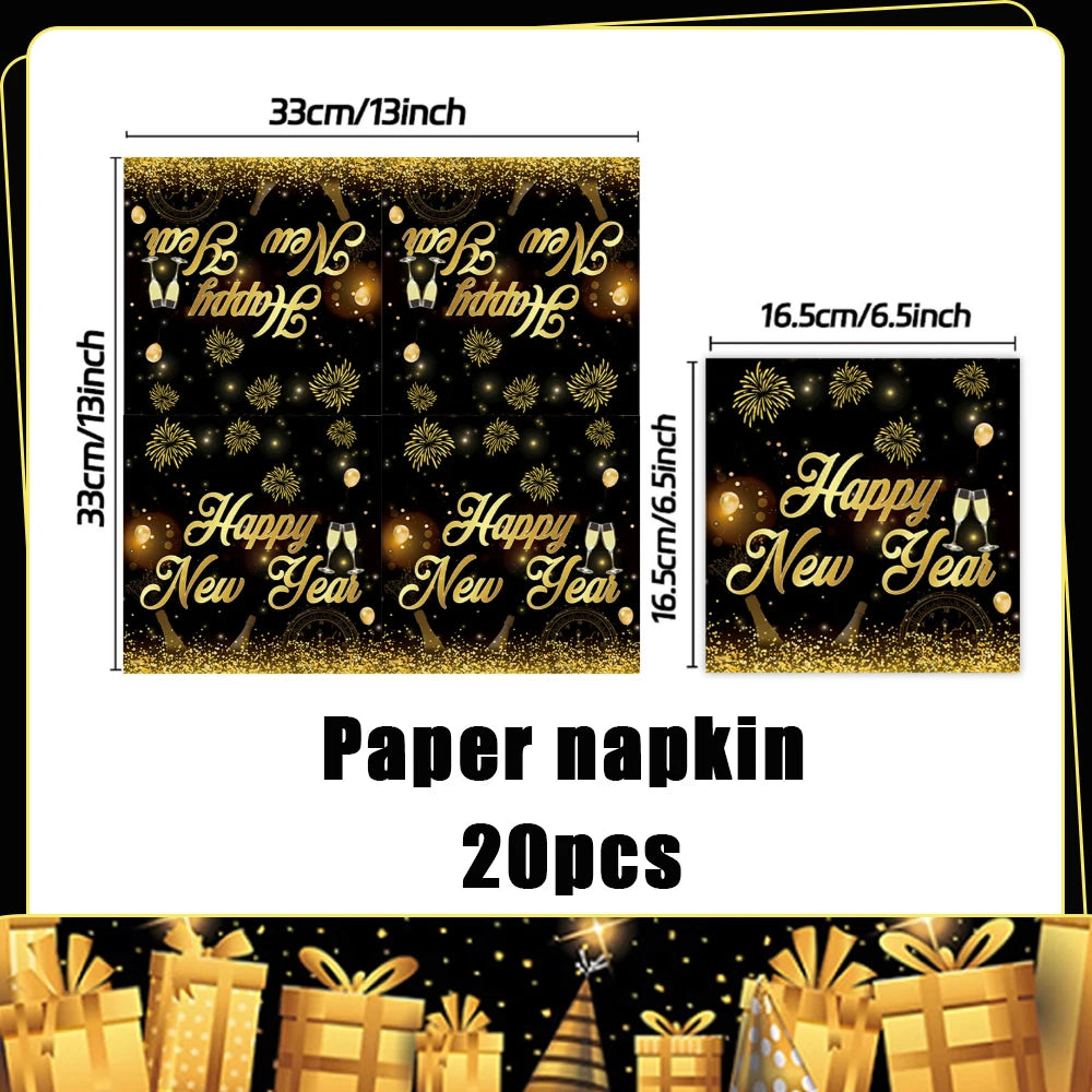 A pack of 20 paper napkins featuring a gold and black New Year design with festive text.