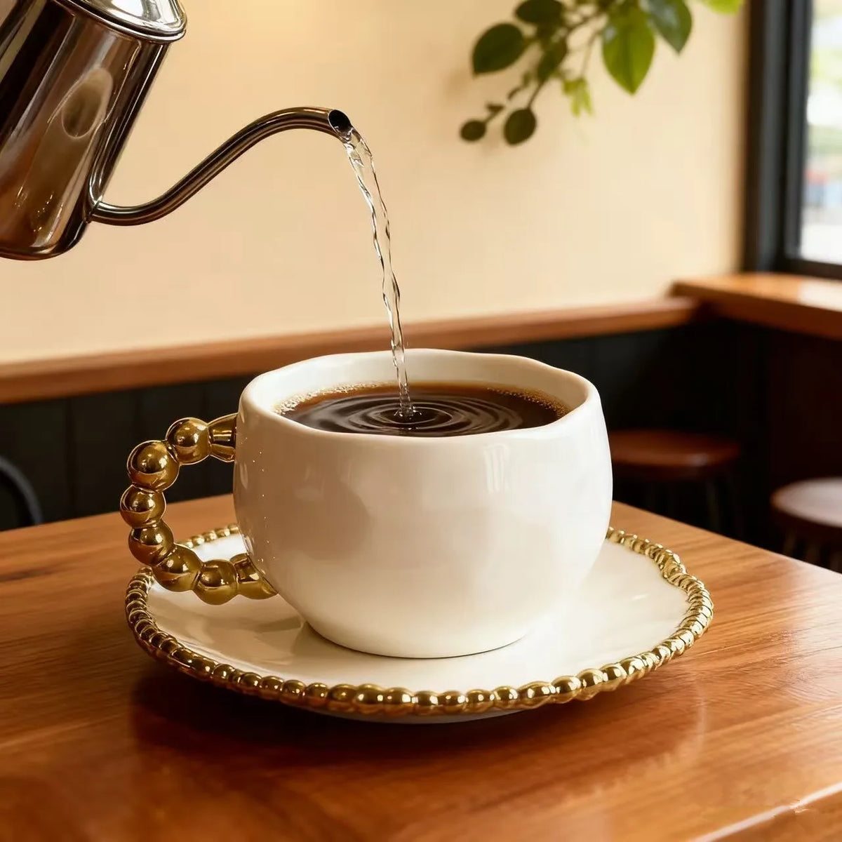 Un filet de café est versé d'une théière métallique dans une tasse et soucoupe en céramique blanche sur une table en bois.