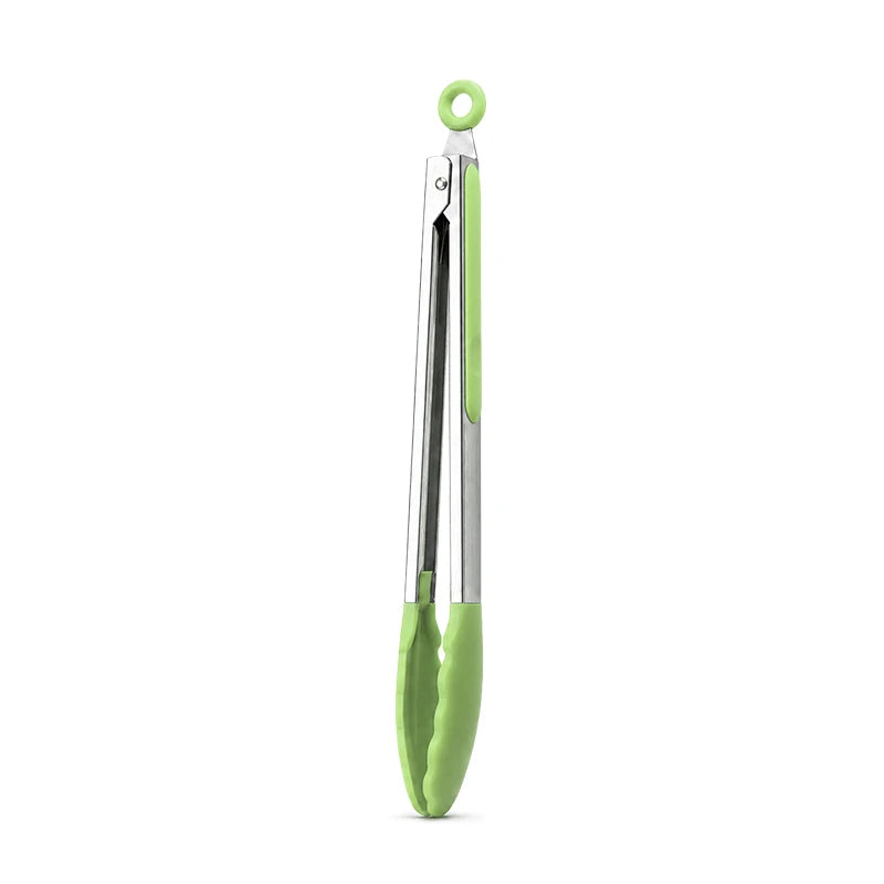 A pair of green silicone kitchen tongs with stainless steel tips for grilling.