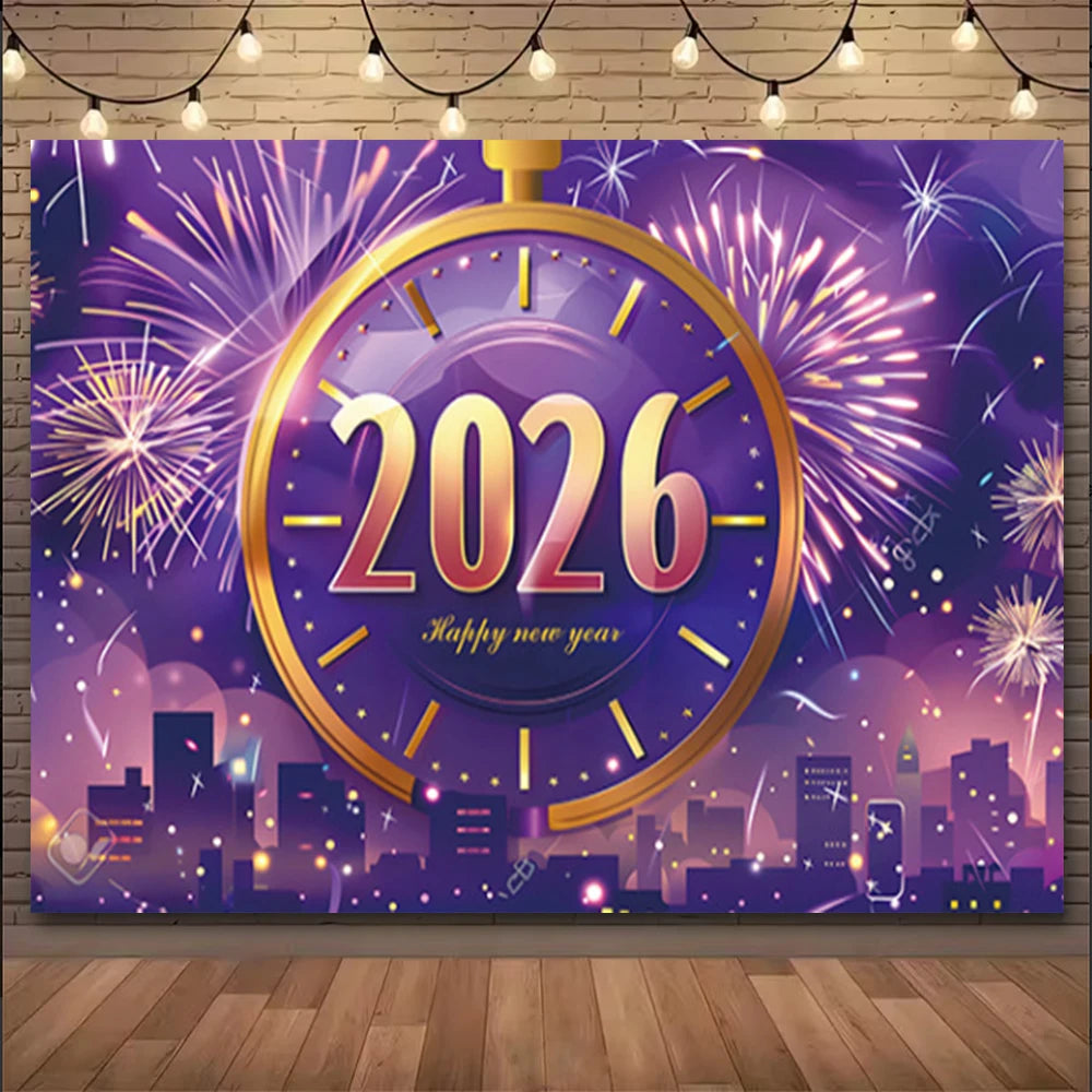 A vibrant festive poster featuring a clock design with the year 2026 and fireworks over a city skyline.