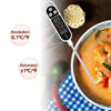 A digital kitchen food thermometer with an instant read probe measuring the internal temperature of a soup.