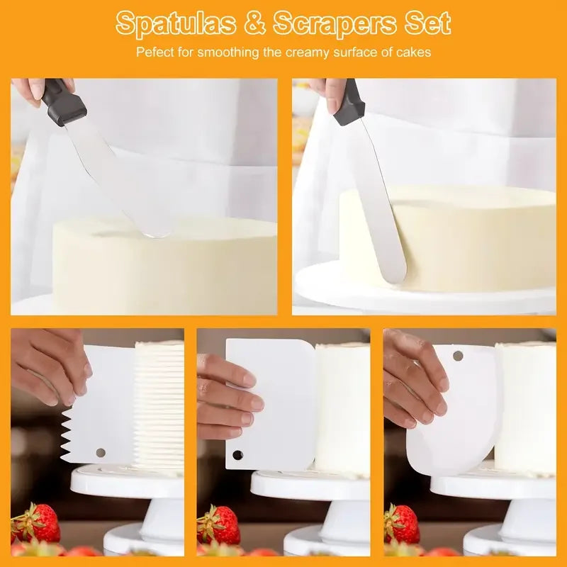 A set of spatulas and scrapers for smoothing cake surfaces shown next to a turntable.