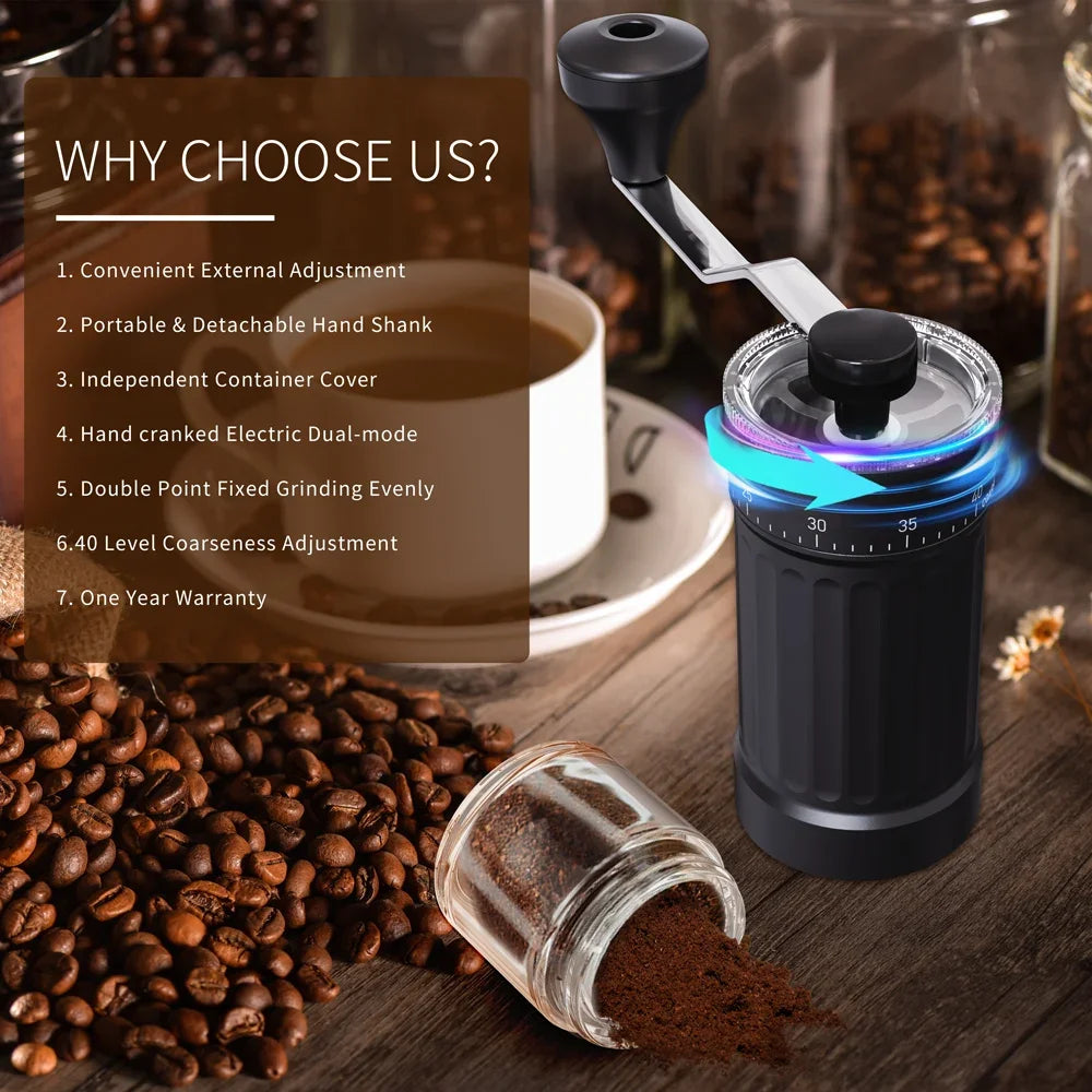 A black manual ceramic coffee grinder with an adjustable scale and various accessories is shown on a wooden surface.