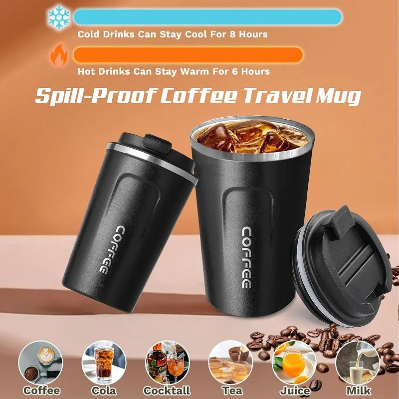 Black spill-proof travel mug for coffee, cola, cocktails, tea, juice, and milk