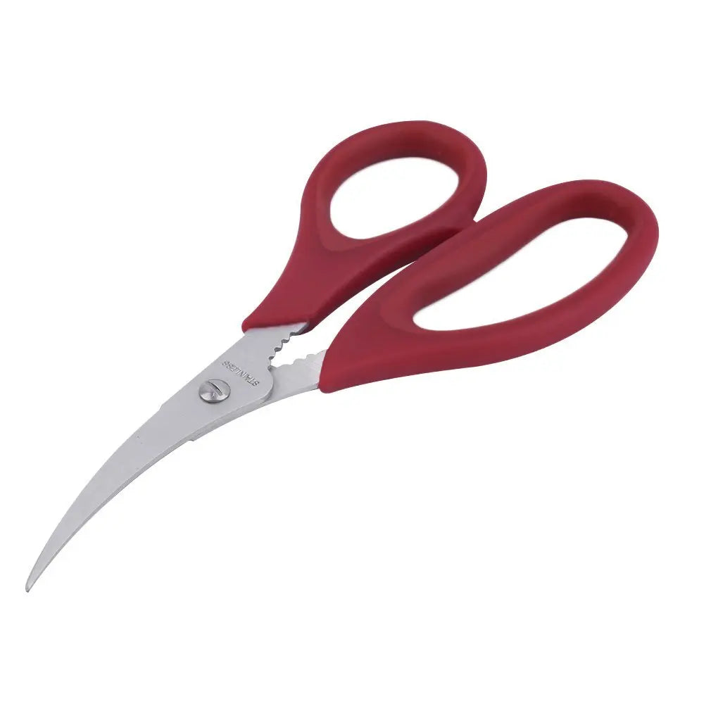 A pair of red and silver stainless steel kitchen scissors for seafood.