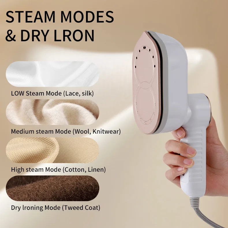 A handheld garment steamer with various steam and dry ironing modes shown next to fabric examples.