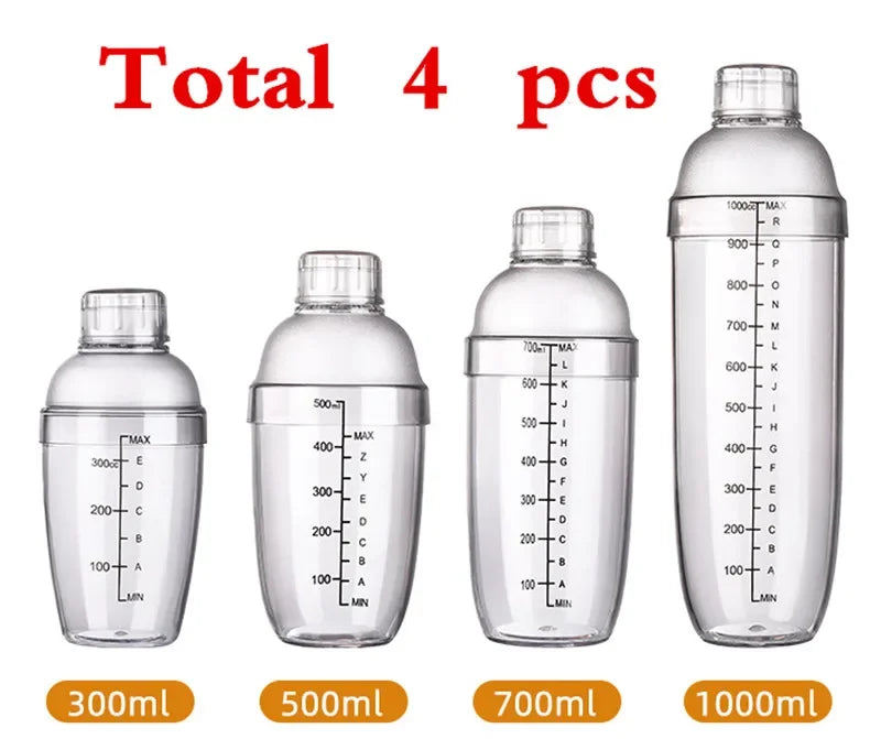 A set of four clear plastic cocktail shakers with various capacities including 300ml, 500ml, 700ml, and 1000ml.
