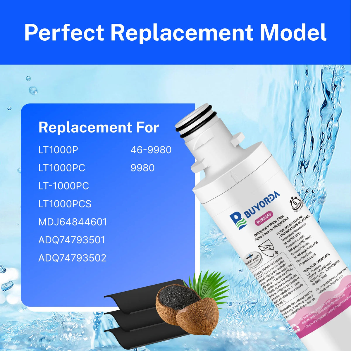 A white refrigerator water filter replacement cartridge is shown with surrounding water droplets and wooden elements.