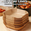 Air fryer liners in brown paper cone shape stacked on a wooden board