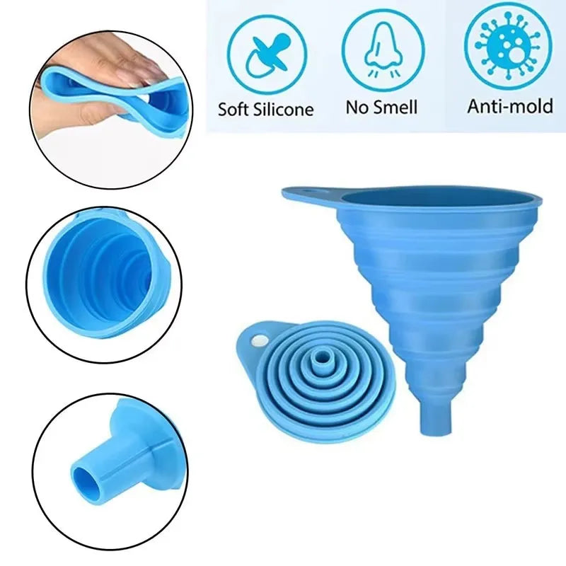 Entonnoir silicone bleu pliable pour tâches de cuisine ou automobiles