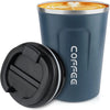 A dark blue double-walled stainless steel travel mug with a black lid and a latte art design on the surface.