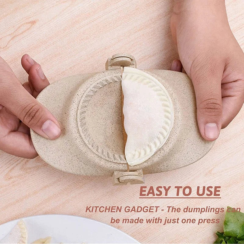 Hands are pressing a beige dumpling and empanada press set into a dough.