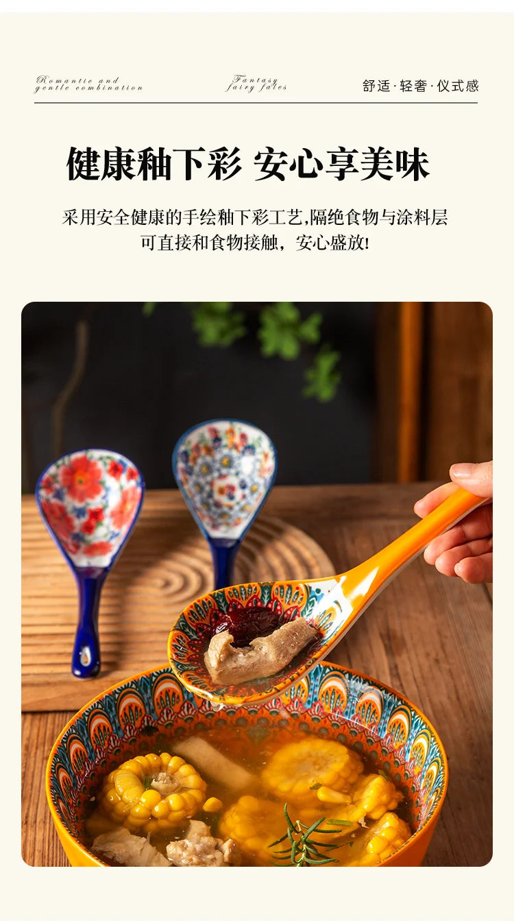 An orange ceramic ladle is shown scooping a savory soup or porridge from a bowl, set against a wooden background.