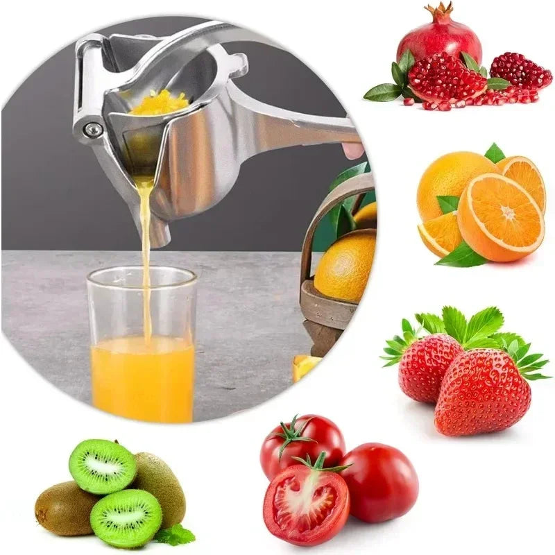 A manual citrus juice squeezer is shown next to fresh fruits like oranges, strawberries, and tomatoes.