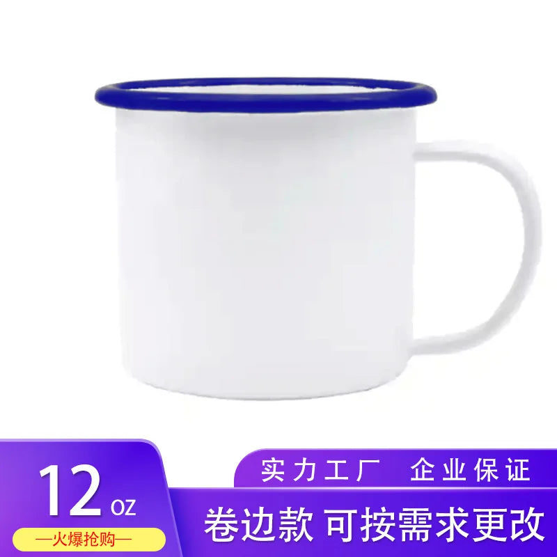 A white enamel mug with a blue rim and handle.