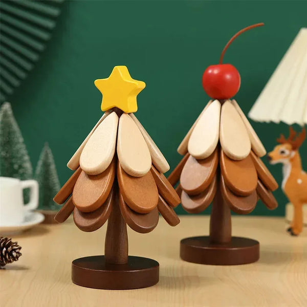 A wooden Christmas tree shaped trivet with a yellow star topper and red ornaments.