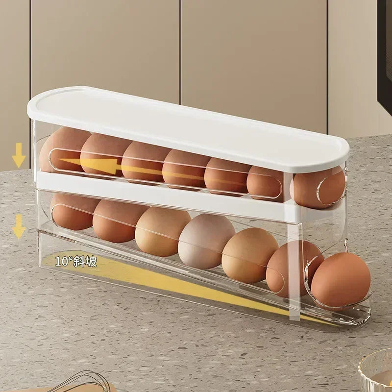 A clear acrylic storage rack holds several brown eggs, demonstrating a 10° slope for rolling egg storage.