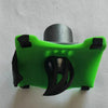 A bright green beer bottle opener tool with a black handle and silver cap resting on a white surface.