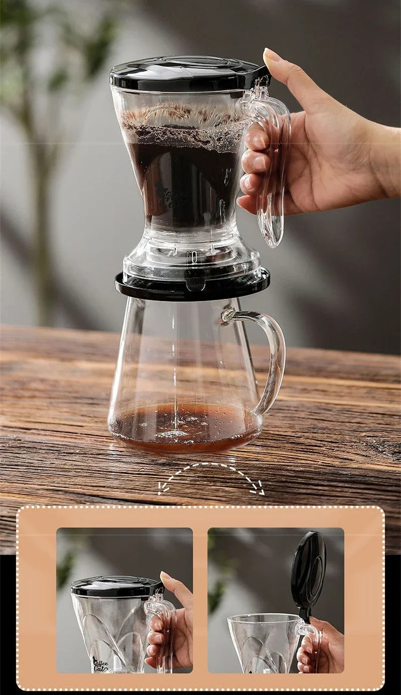 A hand pours coffee into a glass using a versatile pour over coffee dripper.