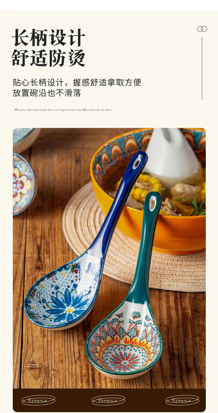 A set of colorful ceramic ladles in blue and green are shown resting above a bowl of soup or porridge.