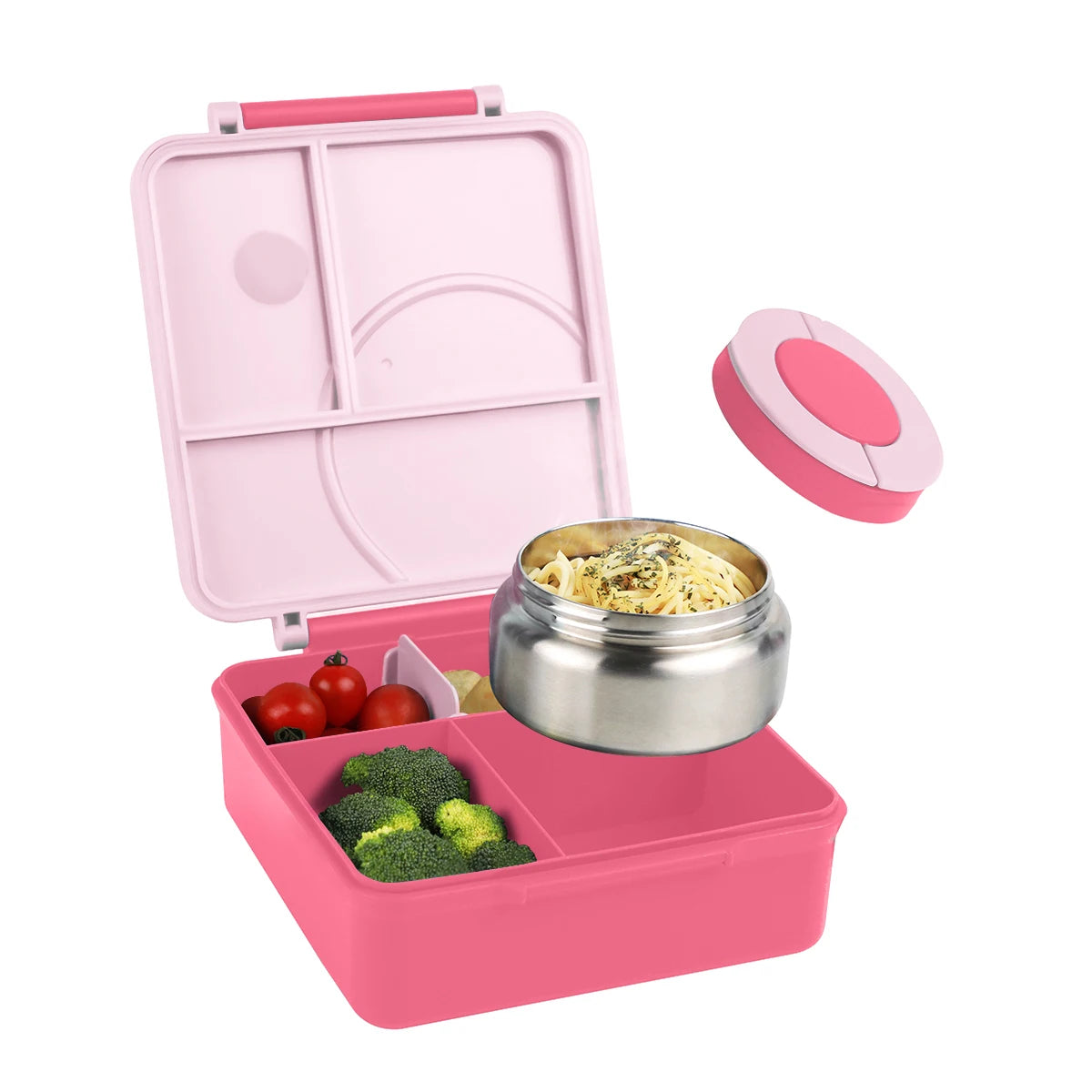 A pink insulated four-grid bento lunch box with a stainless steel container and fresh vegetables.