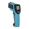 A teal digital infrared thermometer with a black handle and display showing 23.1 degrees Celsius.