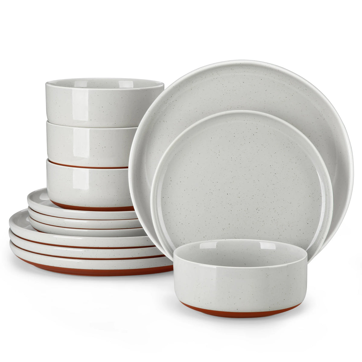 A stack of white stoneware dinnerware plates and bowls with an orange rim, including a large plate and a smaller bowl.