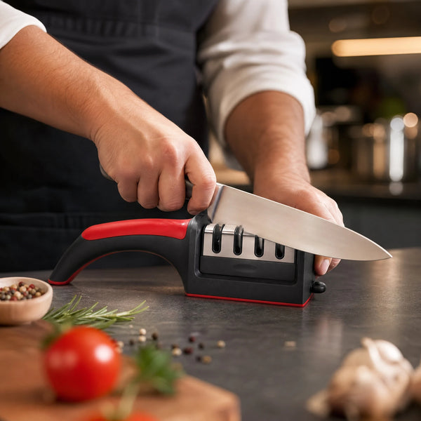Eine Hand benutzt einen schwarz-roten Küchenmesserschärfer, um ein Messer auf einem Holzbrett zu schärfen.