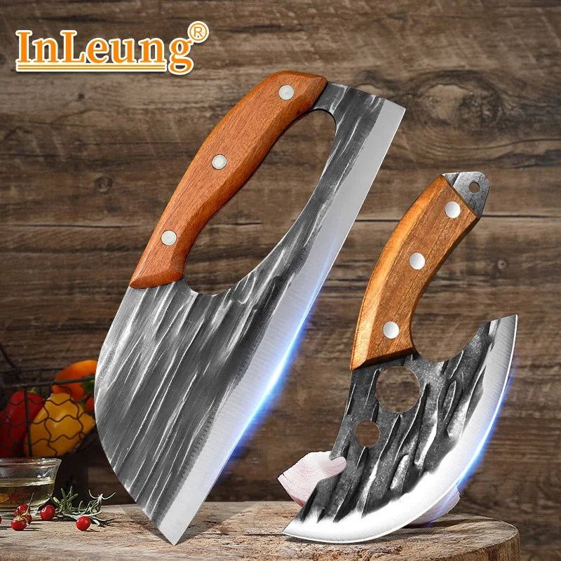 A hand forged boning knife with a wooden handle is shown against a rustic wooden background.
