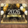 A festive banner for the New Year 2026 featuring gold and silver balloons, sparkling confetti, and fireworks against a dark b