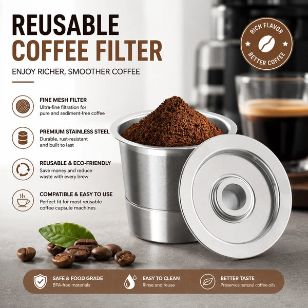 Wiederverwendbarer Edelstahl-Kaffeefilter und Scheibe für reichhaltigeren, cremigeren Kaffee