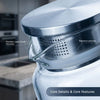 Close-up of a clear glass water jug with a metal lid showing precision leak-proof filtration details.