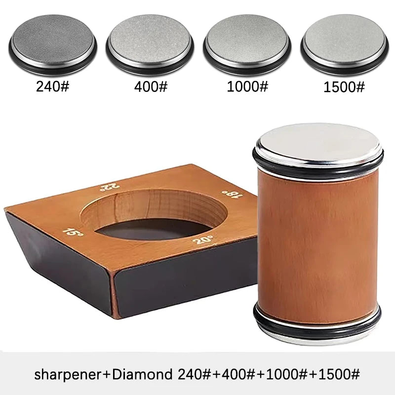A set of diamond sharpening stones numbered 240, 400, 1000, and 1500, shown next to a wooden knife sharpener.