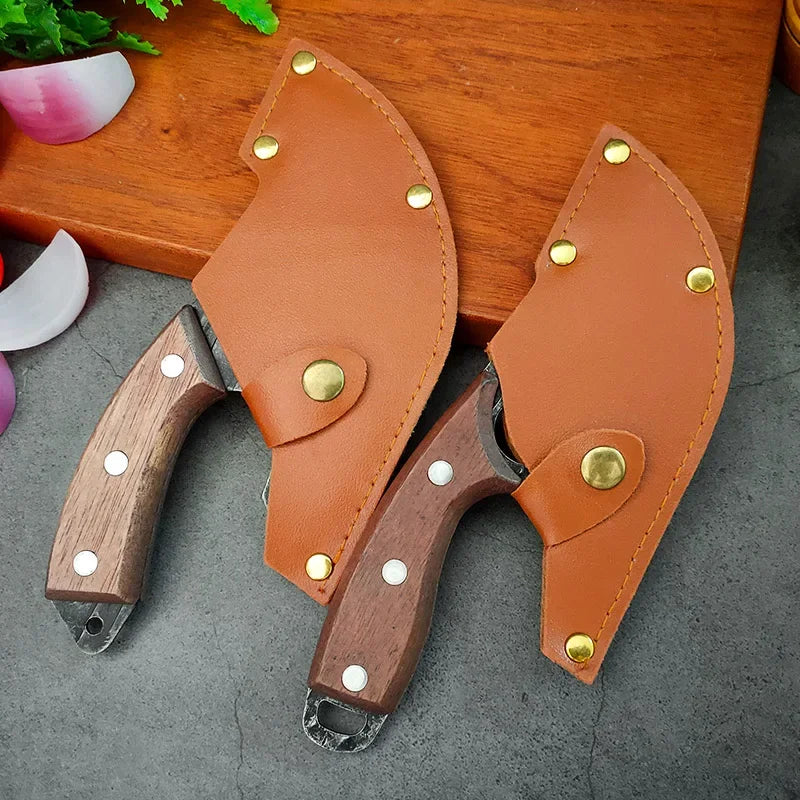 A pair of brown leather and wood meat cleavers with bottle openers resting on a dark gray surface.