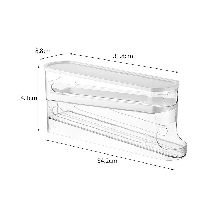 Clear plastic automatic rolling egg storage rack with dimensions 8.8cm by 34.2cm