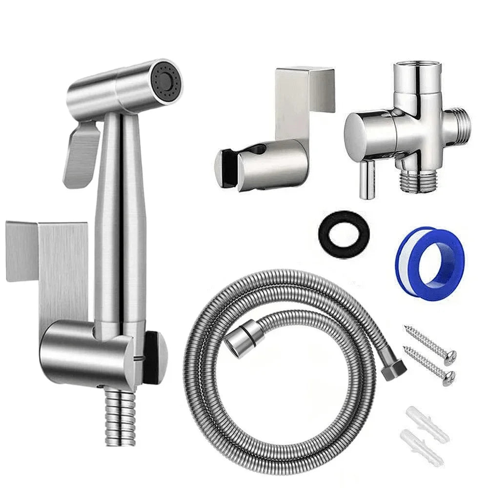 Stainless steel bidet sprayer set including a handheld spray, mounting bracket, and flexible hose.