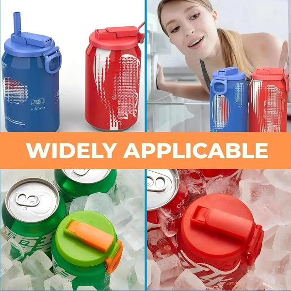 Red and blue reusable silicone can lids with straws shown in various contexts