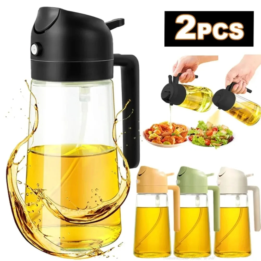 A black oil sprayer bottle is shown with two yellow bottles, demonstrating its use for kitchen and BBQ oils.