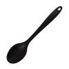 A black silicone mixing spoon with a heat resistant coating.