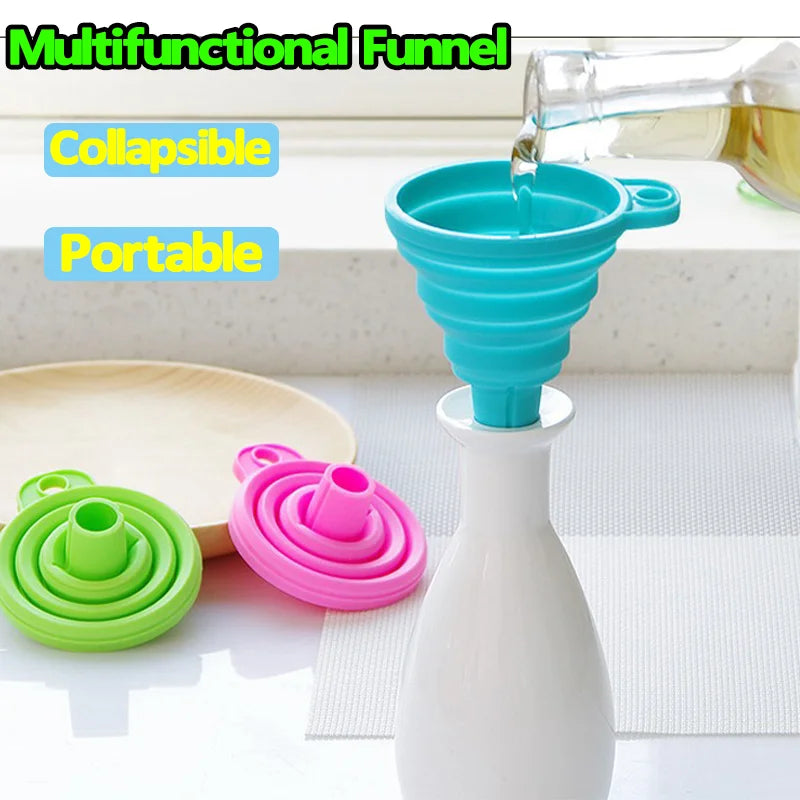 A silicone collapsible funnel set is shown pouring liquid from a white bottle into a small blue funnel, with other green and 